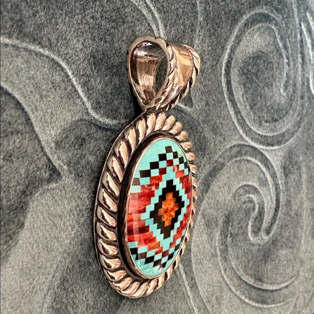 NWOT Carolyn Pollack / Sincerely Southwest Inlaid Silver/Turquoise/Black Pendant - Picture 9 of 13